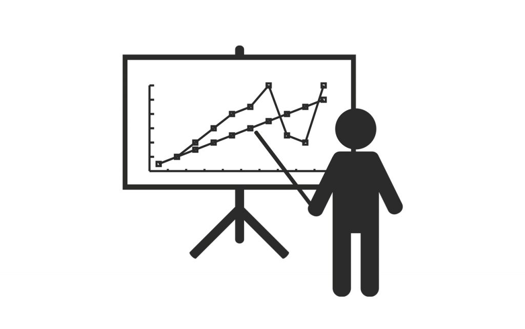Black and white illustration of a person standing in front of a screen displaying a line graph.