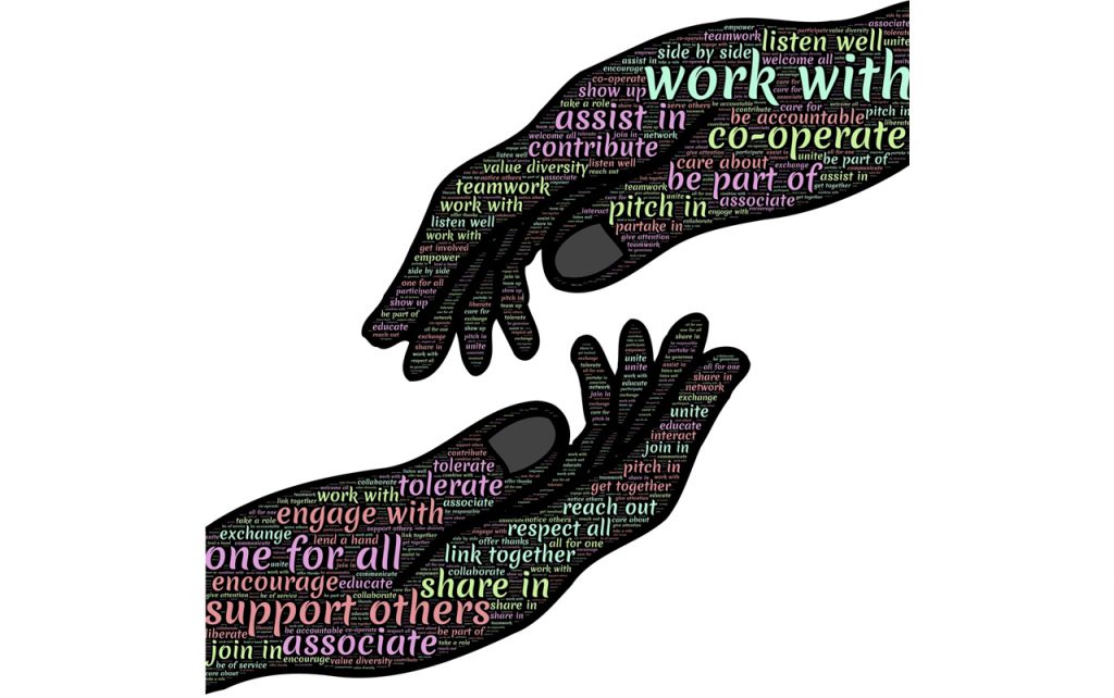 Illustration of two hands, one coming in from the lower left, one coming in from the upper right with supportive words in different colors filling the shapes.