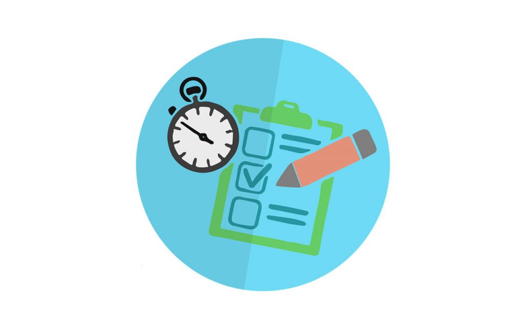 Illustration of a blue circle containing a stopwatch, a pencil, and a clipboard holding a checklist.