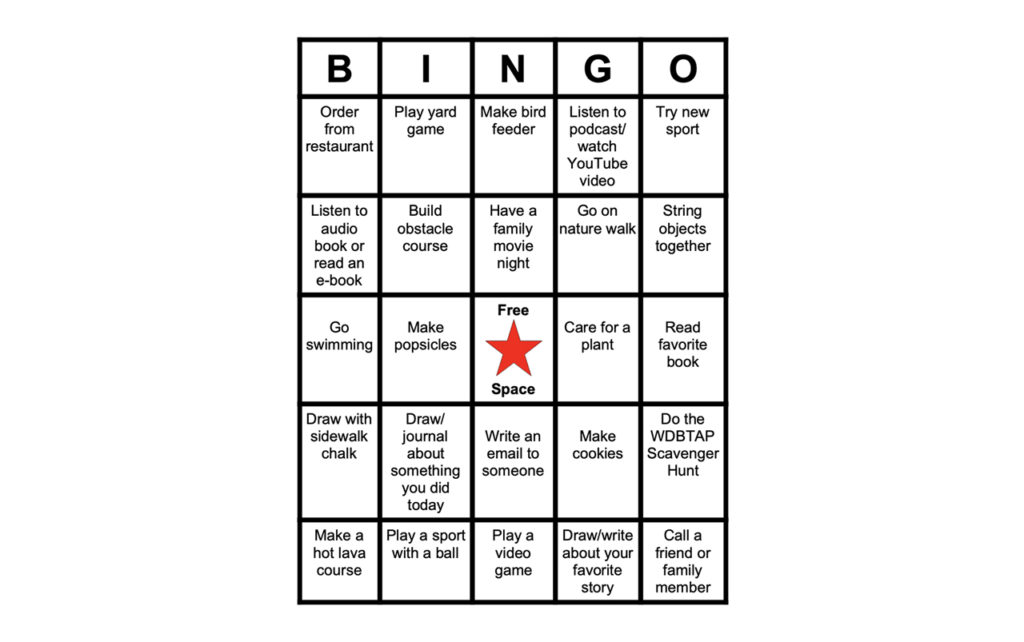 Bingo card containing transition exercises in the squares.