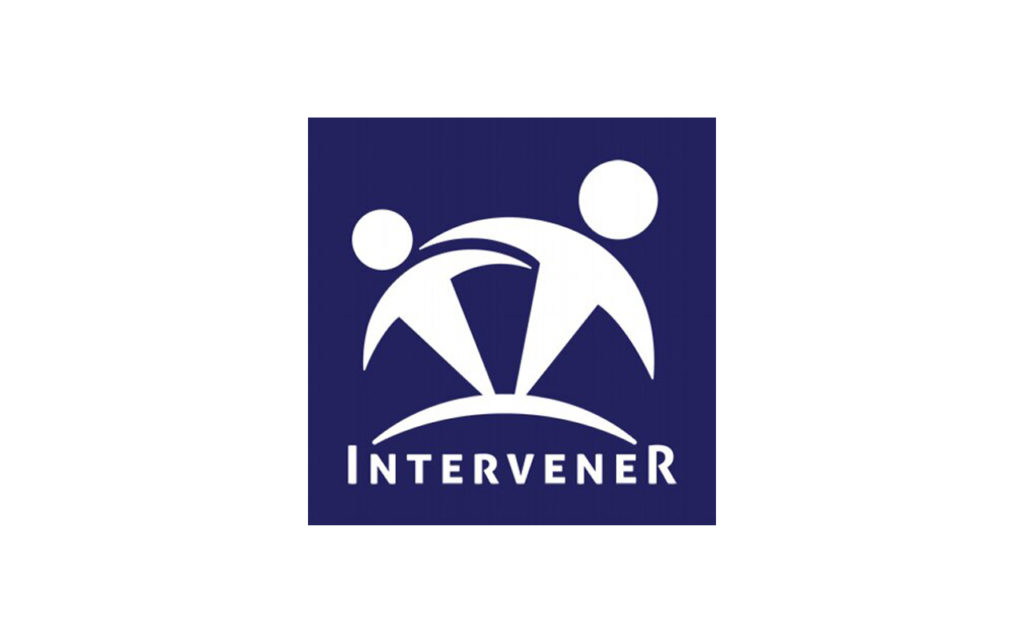 Dark blue square with a white illustration of two people embracing each other and the word Intervener at the bottom.