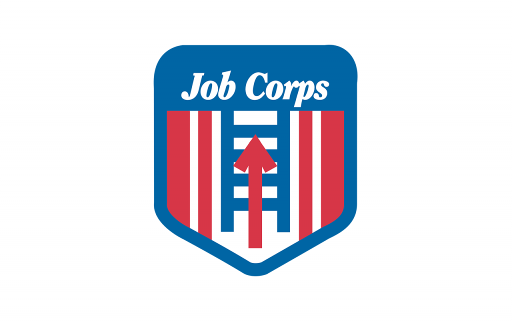 Red, white, and blue Job Corps crest shaped logo against a while background. The logo depicts a red arrow pointing up with a blue ladder behind it.