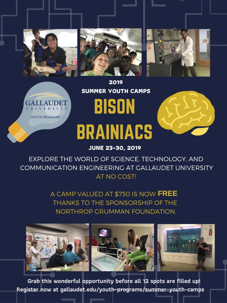 Promotional flyer for Bison Brainiacs camp with blue background containing images depicting students enjoying group social activities and science classroom projects. Text information (included below) is included in gold and white.