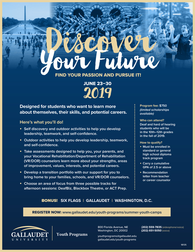 Promotional flyer for Discover Your Future camp with blue background containing collage of blue and white images depicting students enjoying group activities and a visit to the National Mall. Text information (included below) is included in gold and white.