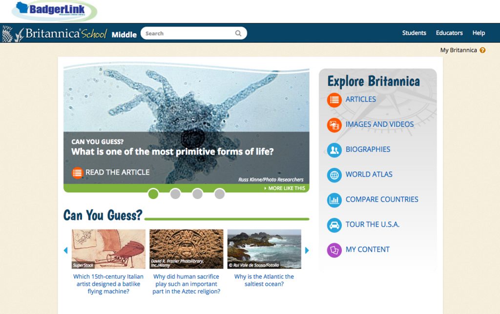 Screen capture of Britannica School: Middle School website homepage.