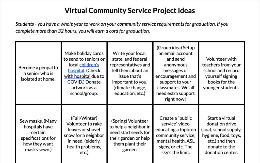 Screenshot of virtual community service project ideas grid.