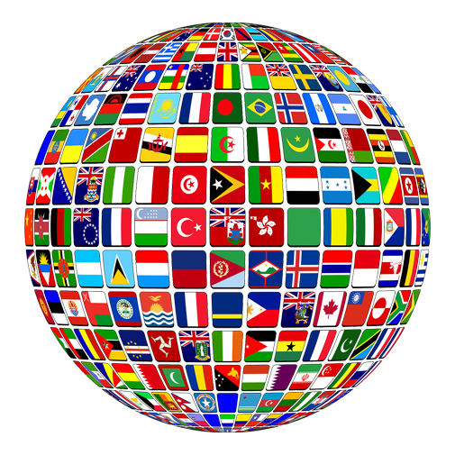 Illustration of a sphere made of up small rectangles depicting various flags of countries around the world.