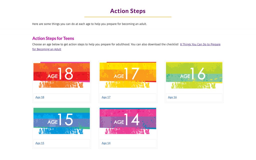 Screen capture of website with action steps for ages 14 through 18.